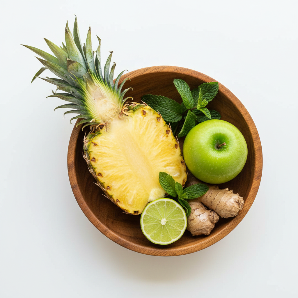 Ingrédients bol en bois – Ananas, Pomme, Lime, Gingembre, Menthe